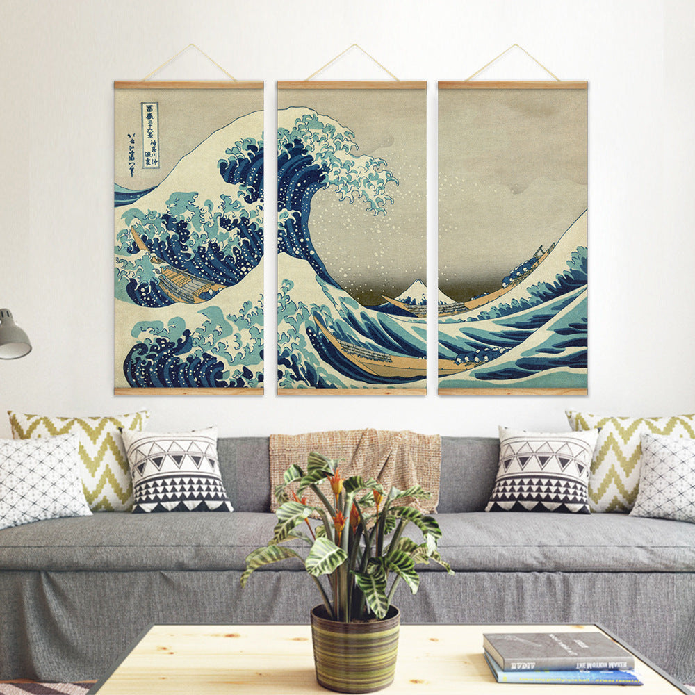 'The Great Wave Off Kanagawa' - Katsushika Hokusai | 3-Piece Scroll Painting