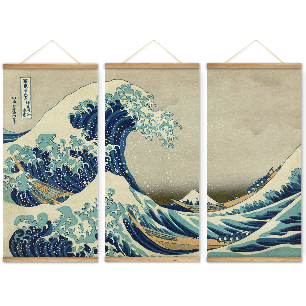'The Great Wave Off Kanagawa' - Katsushika Hokusai | 3-Piece Scroll Painting