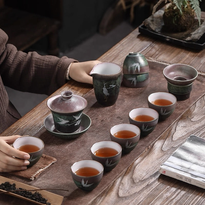 Auspicious Crane Tea Cups 11-Piece Set